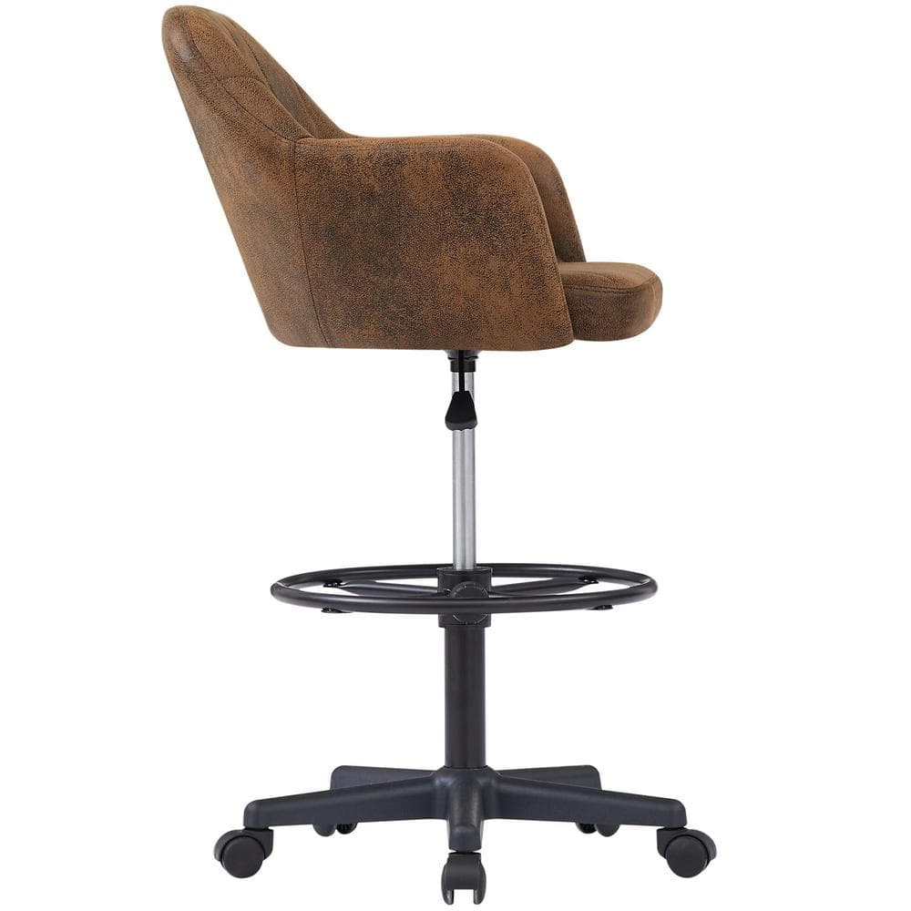 Premium PU Swivel Drafting Chair Adjustable Height Lumbar Support Home Office Stool, Brown