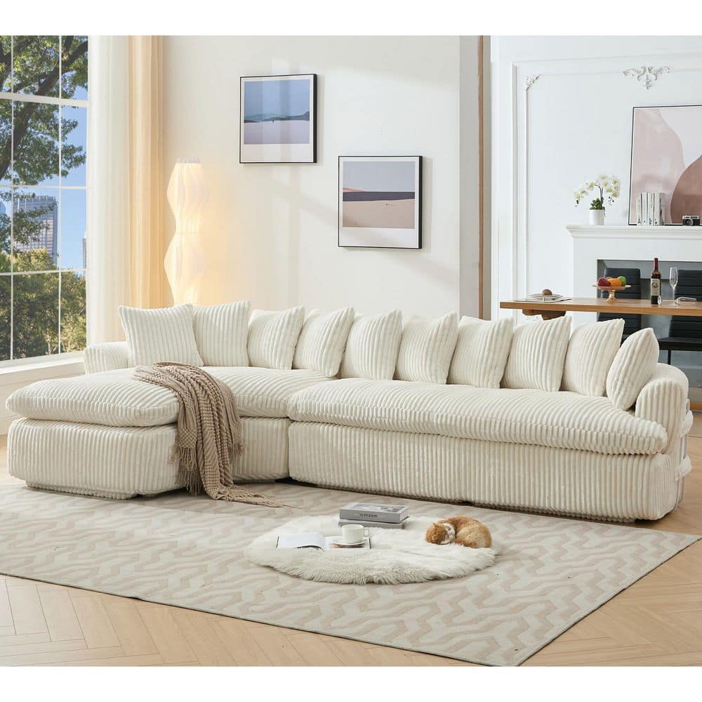 No Assembly Required 127 in. L-Shape Corduroy Sectional Sofa in Beige with 
