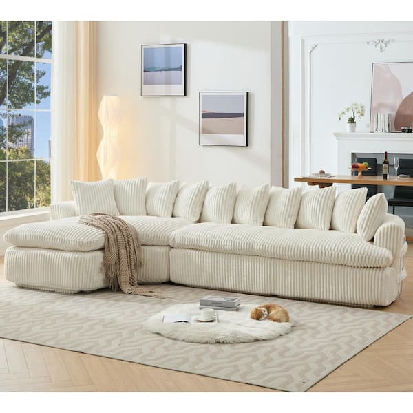 No Assembly Required 127 in. L-Shape Corduroy Sectional Sofa in Beige with High-Resilience Foam, 10 Back Cushions