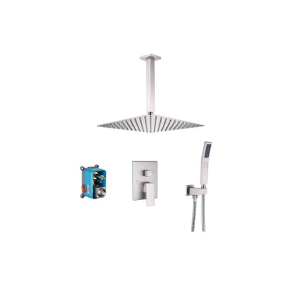 Lukvuzo 12 in. 2-Spray 2.5 gpm Dual Shower System Set with Square Head Shower and Handheld Shower in Brushed Nickel