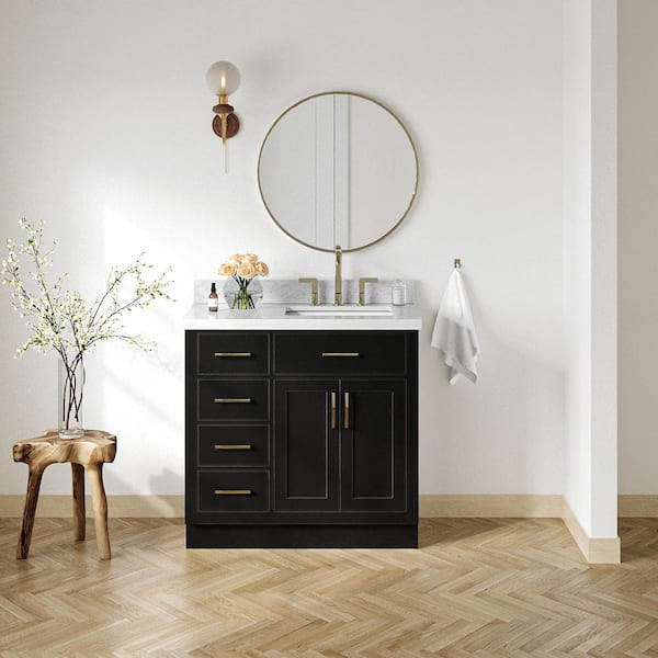 ARIEL Hepburn 36 in. Single Sink Freestanding Bathroom Vanity in Black with Carrara White Marble Top