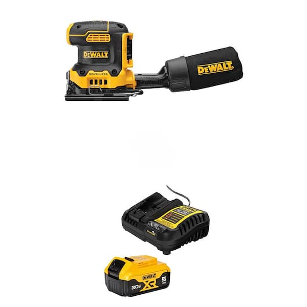 DEWALT 20V MAX XR Lithium-Ion Cordless Brushless 1/4 Sheet Variable Speed Sander with 20V MAX XR 5 Ah Battery Pack and Charger
