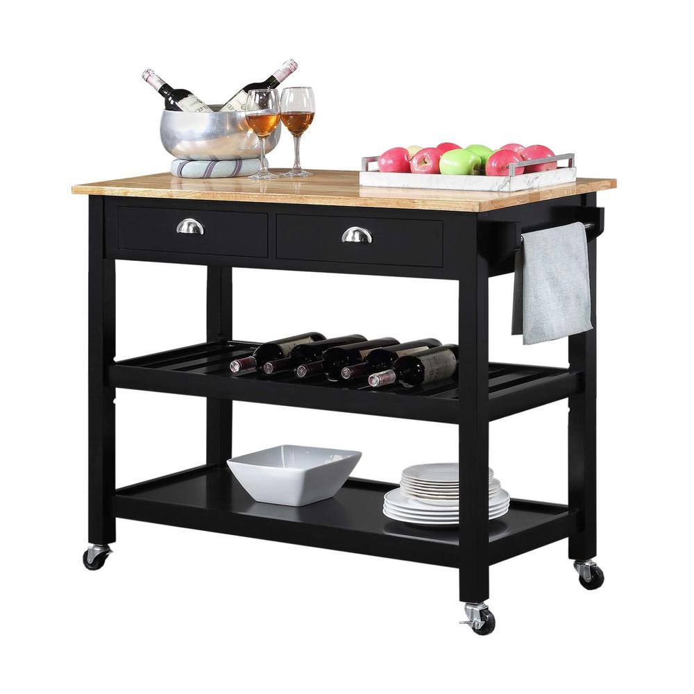 Black and Natural Wood Butcher Block Kitchen Cart with Wine Rack
