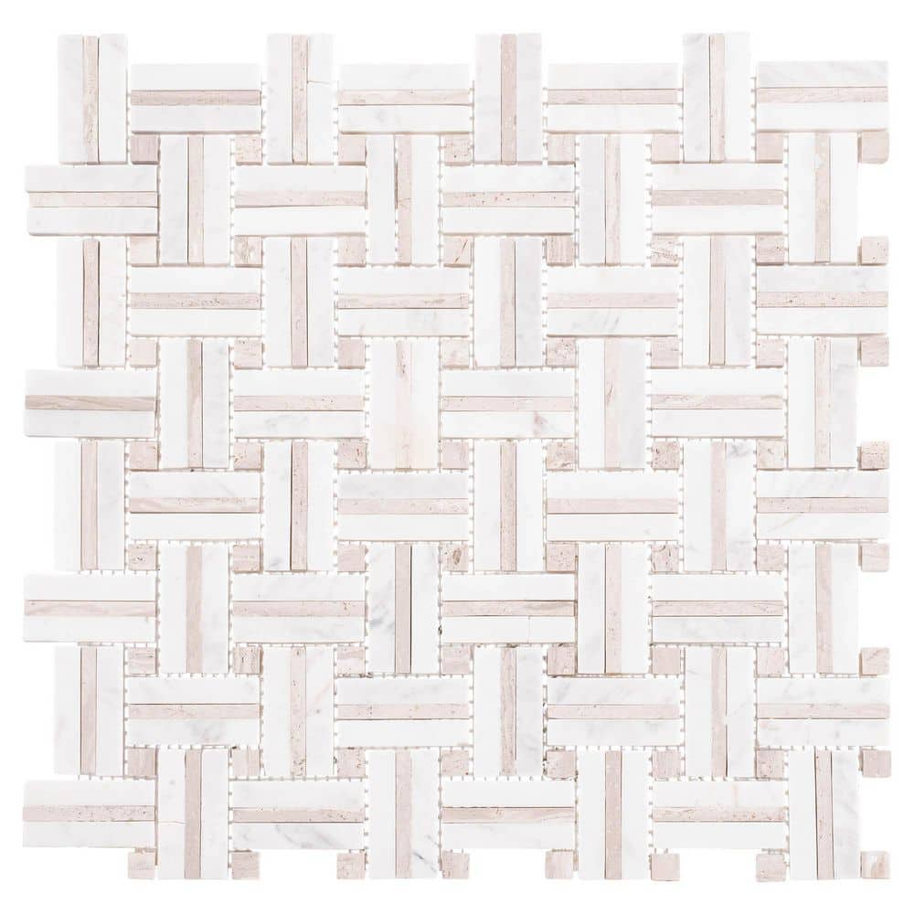 Fabrique 1" x 2" White and Gray Natural Stone Basketweave Mosaic Tile