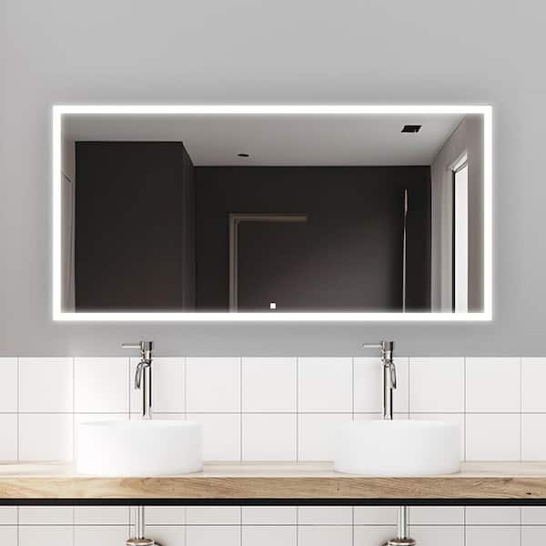 Edge 60 in. W x 32 in. H Rectangular Frameless Wall Mount Bathroom Vanity Mirror Silver, LED Lighting