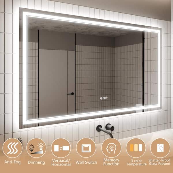 60 in. W x 36 in. H Rectangular Frameless Anti-Fog Wall Dimmable Backlit Dual LED Bathroom Vanity Mirror in Silver