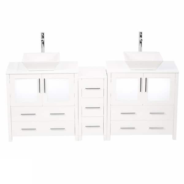 Torino 72 in. Double Vanity in White with Glass Stone Vanity Top in White with White Basins and Mirrors