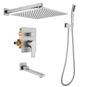 Rainfall 3-Spray Square 12 in. Tub and Shower Faucet with Hand Shower in Brushed Nickel (Valve Included)