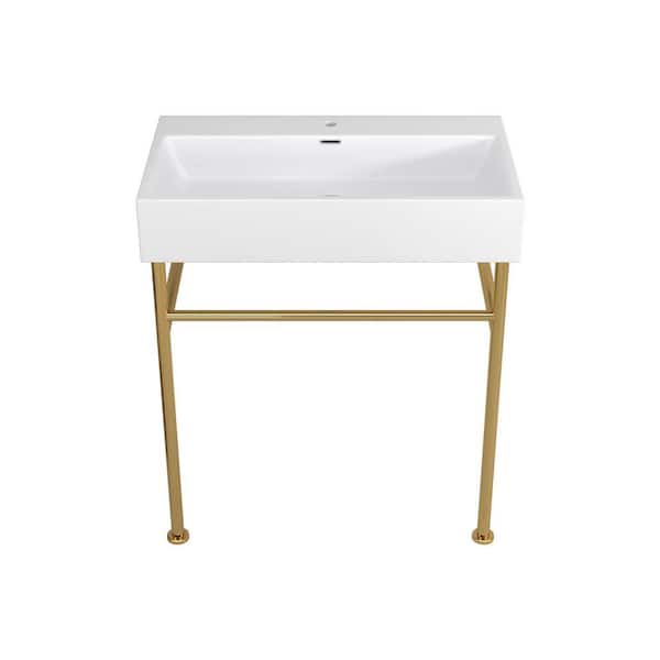 Logmey 30 in. Ceramic White Single Bowl Console Sink Basin and Leg Combo with Overflow and Pre-Drilled Faucet Hole
