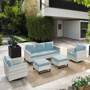 5-Piece White Wicker Patio Conversation Swivel Outdoor Rocking Chair Set Sectional Sofa with Baby Blue Cushions