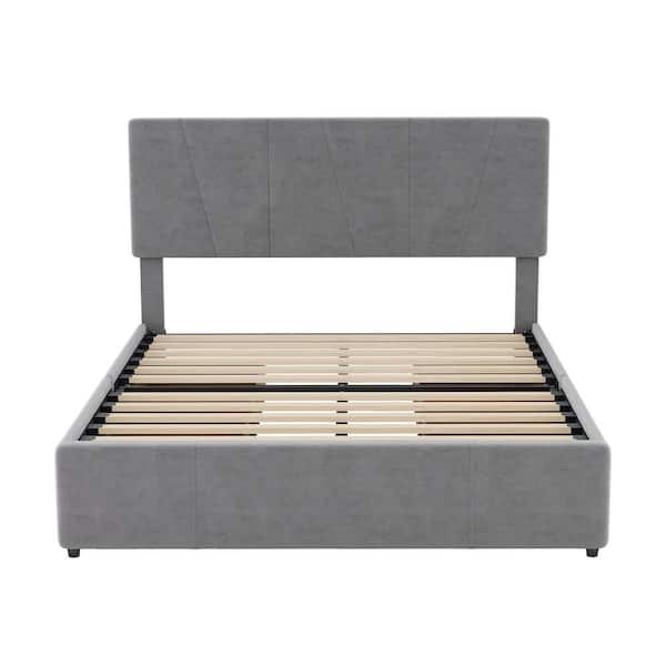 Polibi Frame Full Size Upholstery Platform Bed with 4 Drawers on 2 Sides Adjustable Headboard Gray