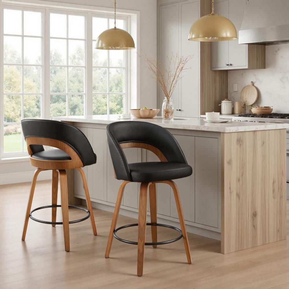 Art Leon HAVEN 25.98 in. Seat Height Black Faux Leather Swivel Bar