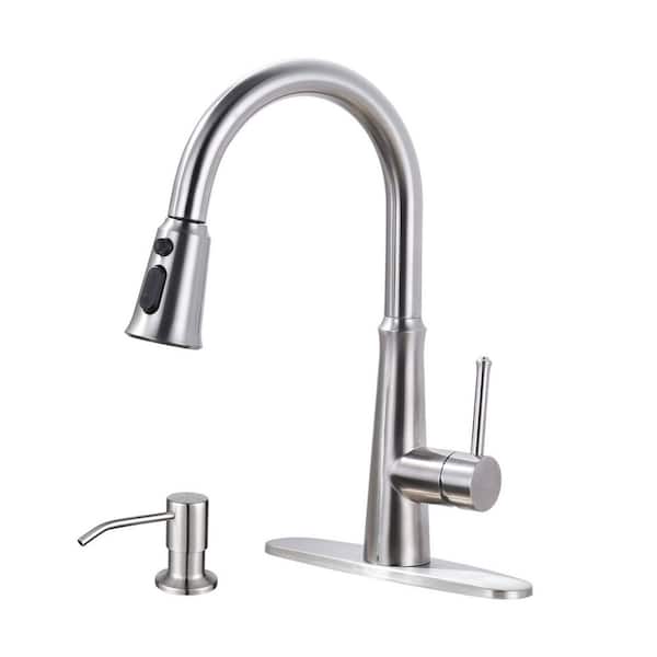 VEVETTA Single Handle Pull Down Sprayer Kitchen Faucet with Soap Dispenser and Deck Plate Included in Brushed Nickel