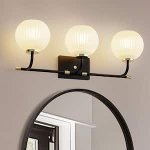 25 in. 3-Light Black Vanity Light with White Globe Frosted Glass Shades for Bathroom, Mirror, Entryway