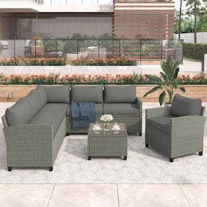 5 Piece Wicker Patio Conversation Set with Gray Cushion and Coffee Table