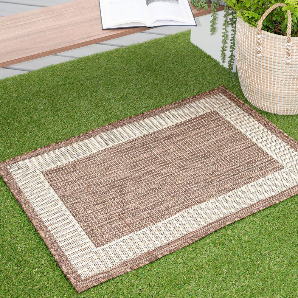 Brown and Beige Synthetic Rectangular Area Rug with Striped Border