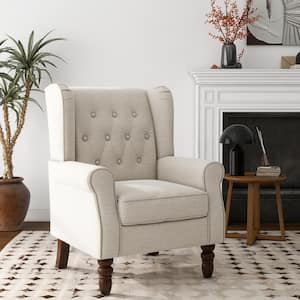 Modern Beige Linen Upholstered Button High Back Accent Arm Chair with Wood Legs (Set of 1)