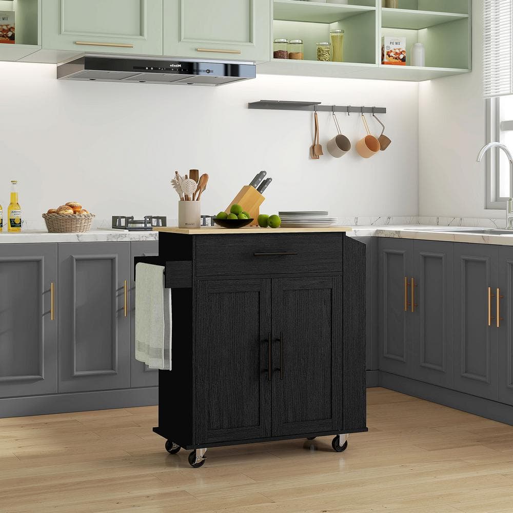 Black Wood Kitchen Cart with Spice Rack and Storage
