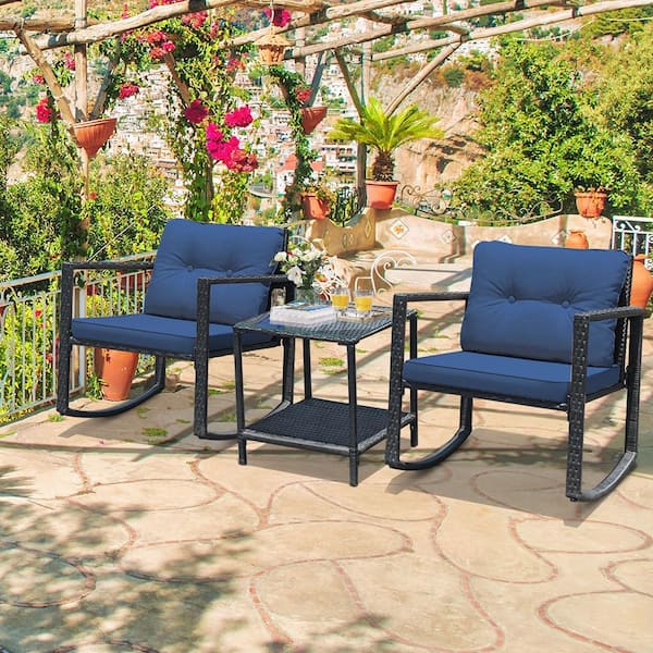 3-Piece Rattan Rocking Chair Table Set Patio Furniture Set with Navy Cushions