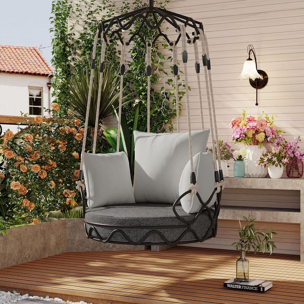 Metal Outdoor Porch Swing Chair Hanging Basket, Hanging Chair with Gray UV 