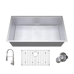 33 in. Drop-In/Undermount Single Bowl 18-Gauge Brushed Nickel Stainless Steel Kitchen Sink with Faucet, Strainer, Basket