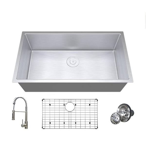 Unbranded 33 in. Drop-In/Undermount Single Bowl 18-Gauge Brushed Nickel Stainless Steel Kitchen Sink with Faucet, Strainer, Basket