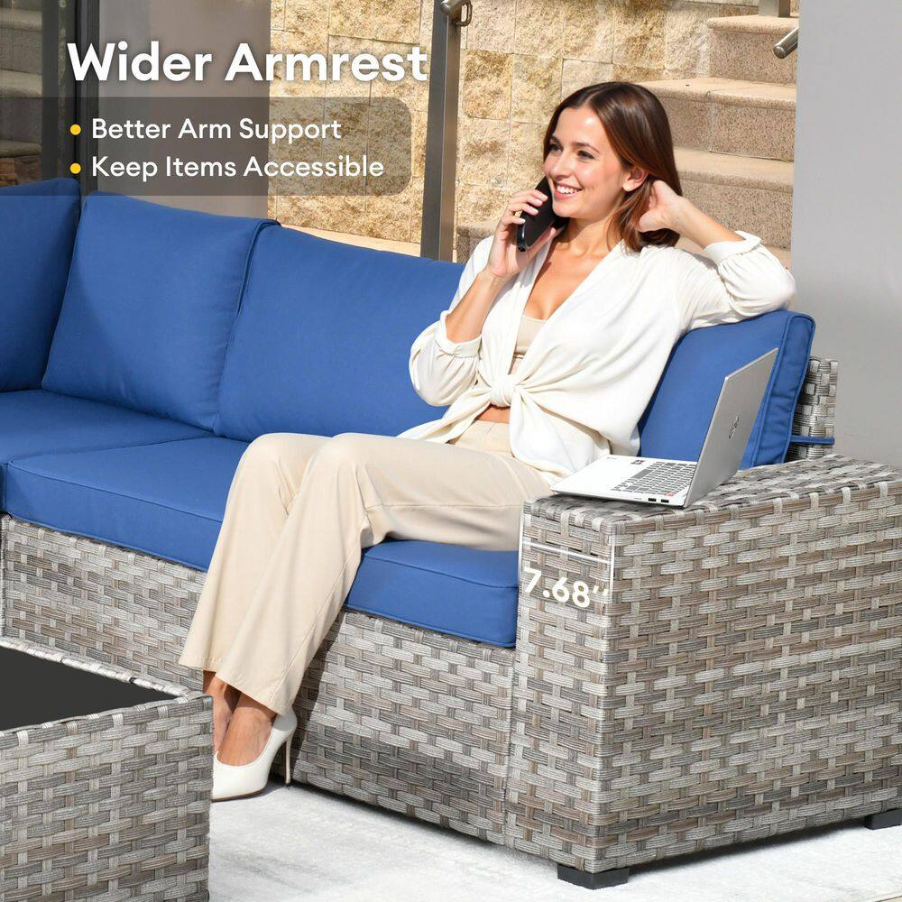 Gray 8-Piece Wicker Outdoor Sofa Set with Navy Cushions