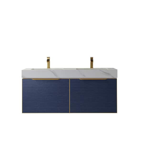 ROSWELL Alicante 48 in. W x 20.9 in. D x 21.7 in. H Double Sink Bath Vanity in Blue with White Sintered Stone Top