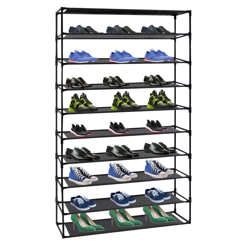 Black 10-Tier Stackable Shoe Rack with Fabric Shelves