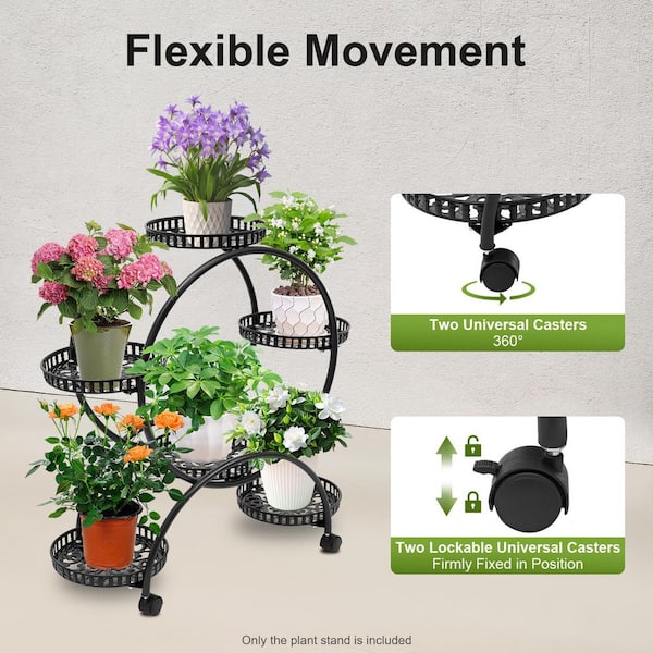 YIYIBYUS 29.92 in. Tall Black 6-Tiered Metal Iron Plant Flower Pot Stand with 4 Wheels Kits and Accessories