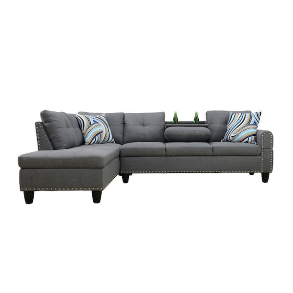97 in. Square Arm Linen L-Shaped Sofa with 2 Cup Holder Side Tray, 4-Seater Tufted Sectional Couch in Grey-Left