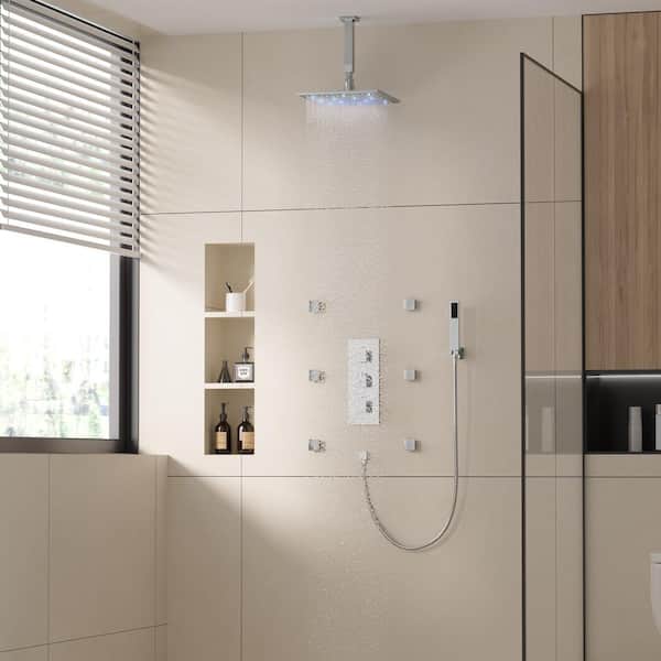1-Spray 2.5 GPM 12 in. Ceiling Mount Dual Shower Heads Fixed and Handheld Shower Heads with LED Light in Chrome