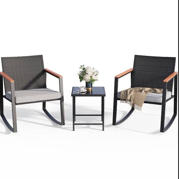 3-Piece Outdoor Patio Furniture Set, Beige Rattan Rocking Chairs with Heat-Resistant Armrests and Cushions, for Garden