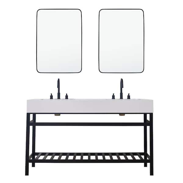 Altair Edolo 60 in. W x 22 in. D x 35 in. H Double Sink Bath Vanity in Matt Black with White Composite Stone Top and Mirror