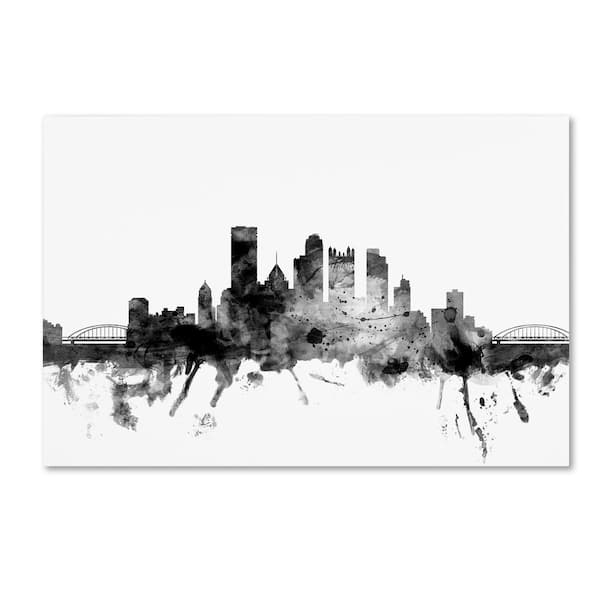 Trademark Fine Art Pittsburgh PA Skyline Black and White by Michael Tompsett Floater Frame Architecture Wall Art 22 in. x 32 in.
