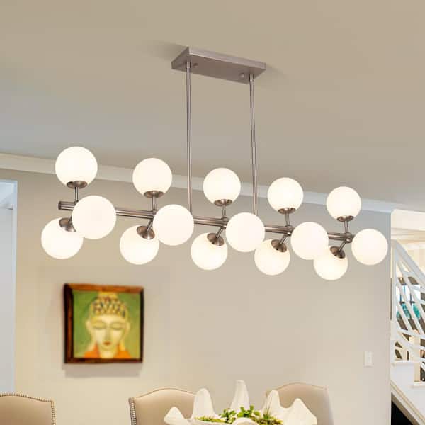 15-Light Silver Linear Sputnik Chandelier with Opal Glass Globe Shade for Dining Room Kitchen Island