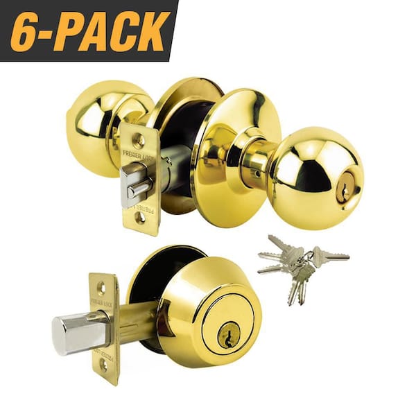 Premier Lock Brass Grade 3 Combo Lock Set with Entry Door Knob and Deadbolt, 36 SC1 Keys Total, (6-Pack, Keyed Alike)