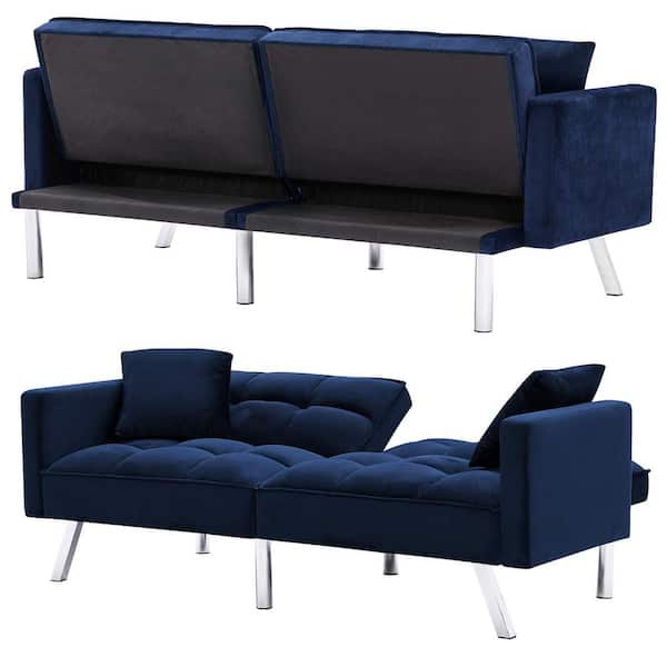 Unbranded 74 in. Navy Blue Velvet 2-Seater Loveseat with 2 Pillows and Adjustment function