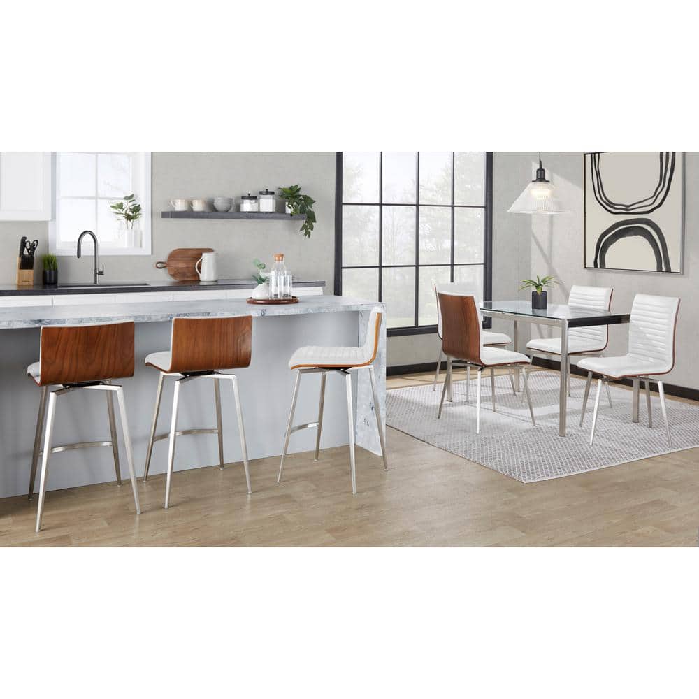 Set of 2 White Faux Leather Swivel Counter Stools with Walnut Wood and Stainless Steel