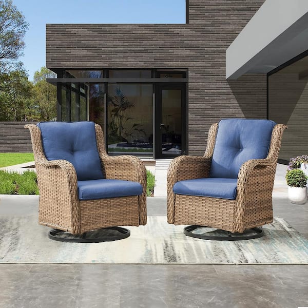 Earlo Yellow Wicker PE Rattan Outdoor Swivel Rocker Patio Chairs with Olefin Navy Blue Cushions (2-Pack)
