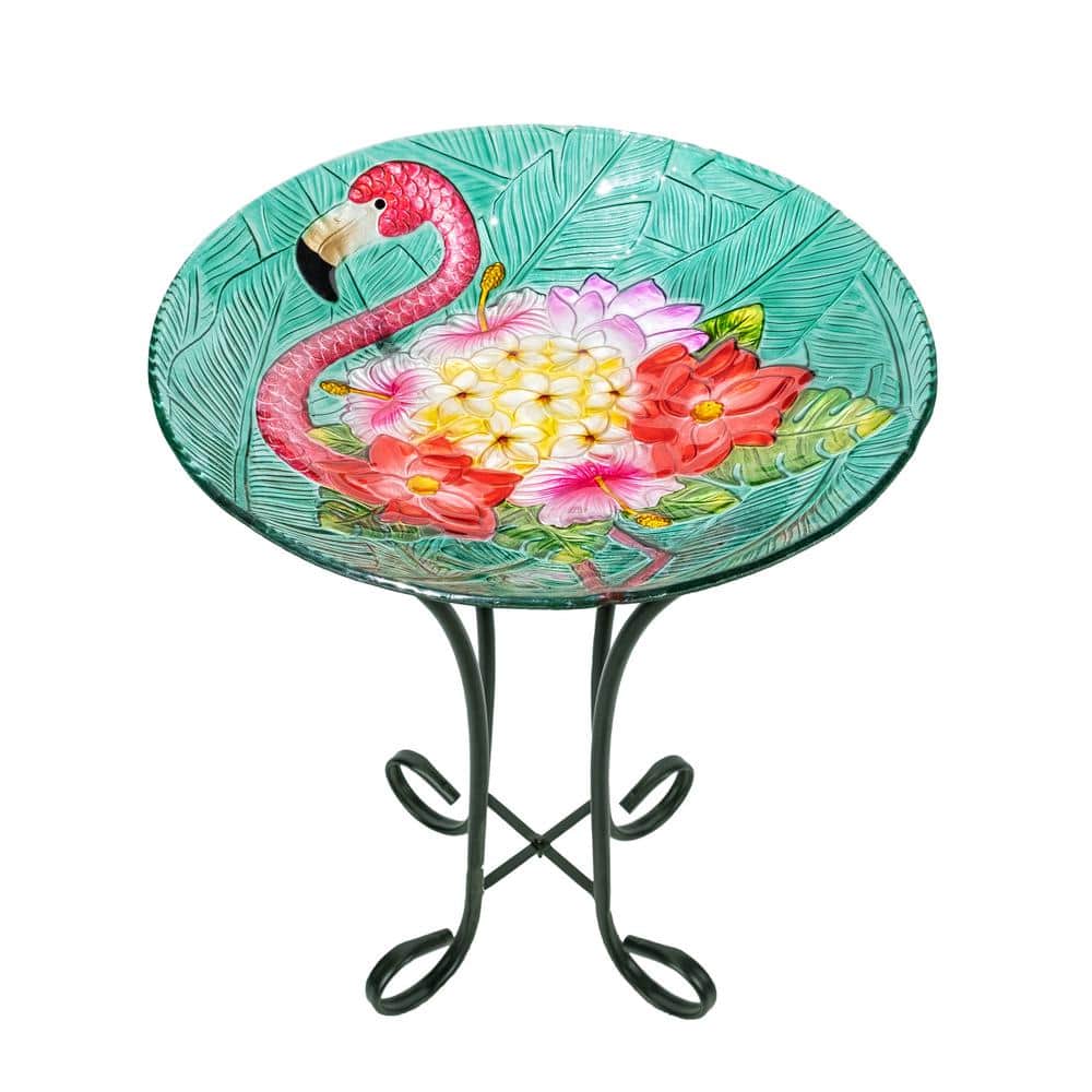 Tropical Flamingo Fusion Glass Birdbath with Metal Stand