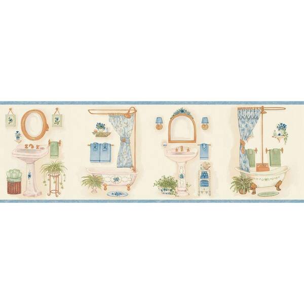 The Wallpaper Company 6.83 in. x 15 ft. Blue Vintage Bathroom Border