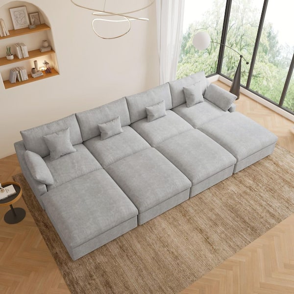 156 in. W Square Arm Linen Upholstered Rectangle 4-Seater Sectional Sofa with 4-Ottoman in Gray