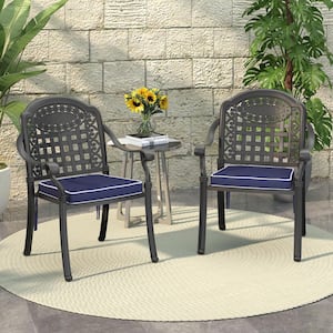 Black Stackable Cast Aluminum Patio Outdoor Dining Chairs with Random Color Seat Cushions (Set of 2)