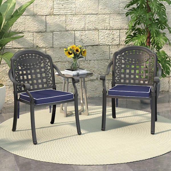 Willit Black Stackable Cast Aluminum Patio Outdoor Dining Chairs with Random Color Seat Cushions (Set of 2)