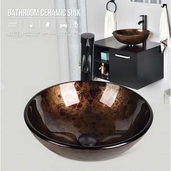 Puluomis 16.5 in . Vessel Bathroom Sink in Brown Glass Round with Faucet Pop Up Drain Set With Hand-Painted Pattern