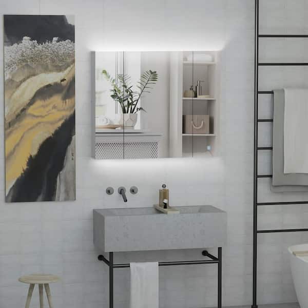 Tileon 35.50 in. W x 29.50 in. H Rectangular MDF Medicine Cabinet with Mirror, LED Organizer with Dimmer Touch Switch-White