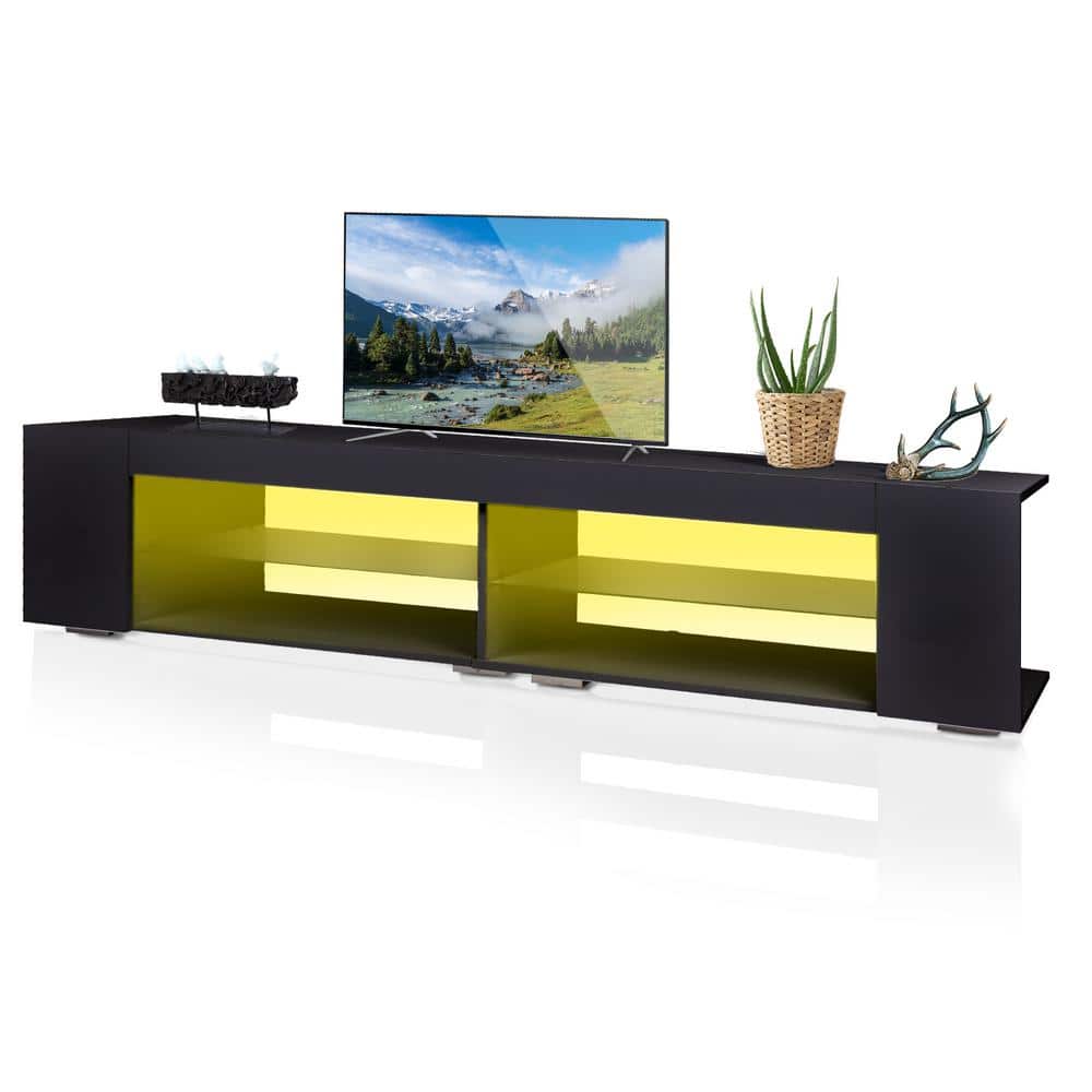 Black TV Stand Entertainment Center TV Cabinet with Open Glass Shelves ...