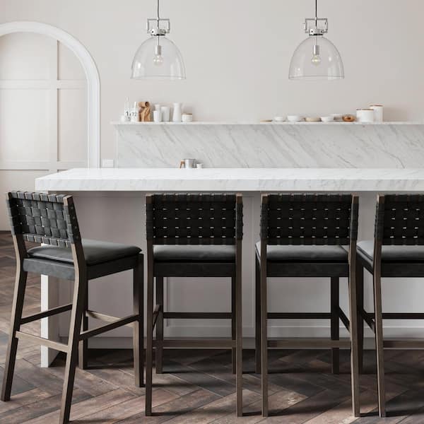 Cohen 29 in. Wood Mid-Century Faux Leather Counter Height Bar Stool, with Woven Back for Kitchen, Black, Set of 4