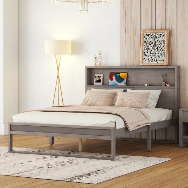 Harper & Bright Designs Antique Gray Wood Frame Queen Size Platform Bed with Storage Headboard, Sockets and USB Ports